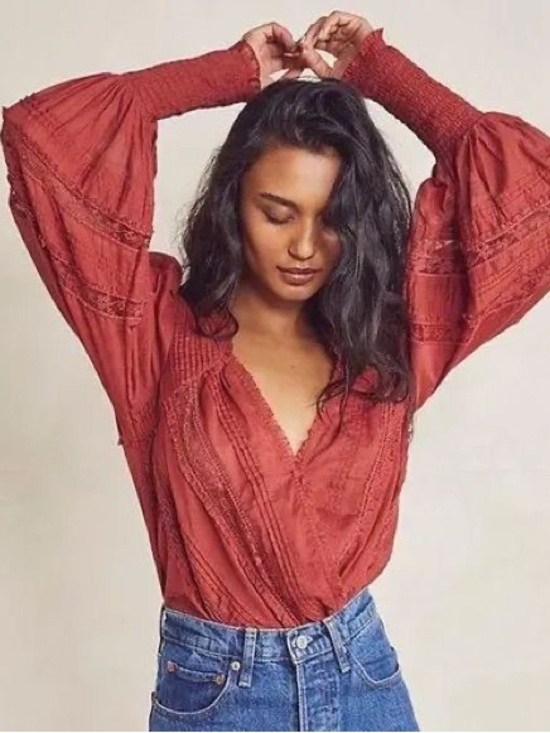Free People Tops - Free People Rust the Eloise bishop Bohemian bodysuit